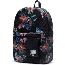 Load image into Gallery viewer, Angled front view of the Summer Floral Black Packable Daypack.
