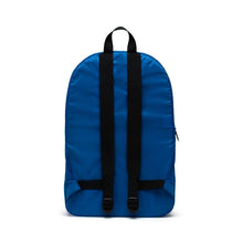 Load image into Gallery viewer, Back panel view of the Strong blue packable daypack. 

