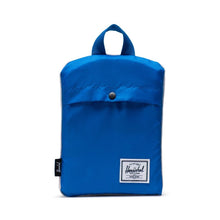 Load image into Gallery viewer, Front view of the Strong Blue Daypack, folded into its pouch.
