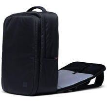 Load image into Gallery viewer, Black backpack with the back panel laptop compartment opened.
