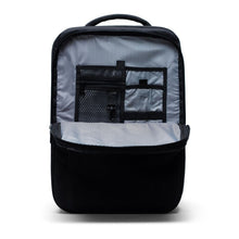 Load image into Gallery viewer, Black backpack with the front panel compartment unzipped. It features organization pockets. 
