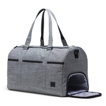 Load image into Gallery viewer, Angled front view of the Raven Crosshatch Tech novel Duffle bag. The side panel shoe compartment is unzipped. 
