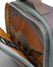 Load image into Gallery viewer, Close up to the interior of the front pocket. It has a print of Grogu.
