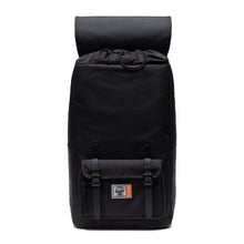 Load image into Gallery viewer, Front view of the black insulated Little America backpack. The top flap is tilted back. 
