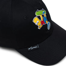 Load image into Gallery viewer, Angled front close up to the black Bart Simpson cap.
