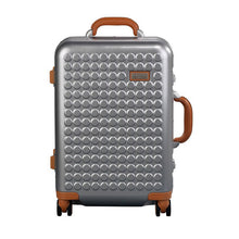 Load image into Gallery viewer, Front panel view of the suitcase. The top and side grip handles are lifted. 
