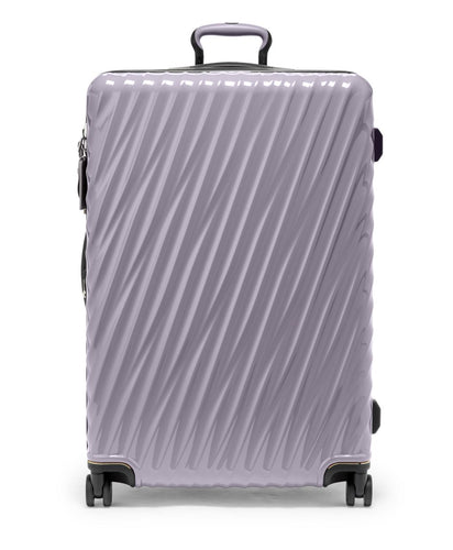 Front panel view of the suitcase with the telescopic handle partly extended. Set on a white background. 
