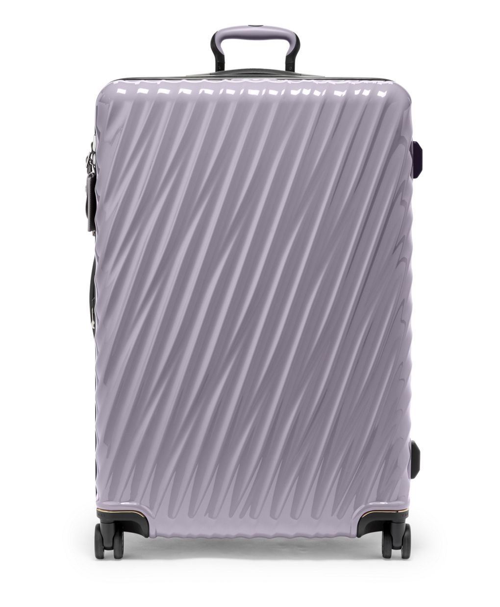 Front panel view of the suitcase with the telescopic handle partly extended. Set on a white background. 