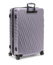 Load image into Gallery viewer, Angled back panel view of the suitcase with the telescopic handle partly extended. 
