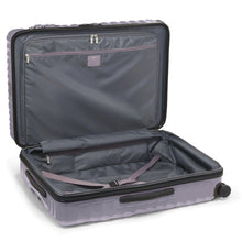 Load image into Gallery viewer, Interior view of the suitcase. It features a zipper-closing divider on the front panel and a set of straps to hold your contents on the back panel. 
