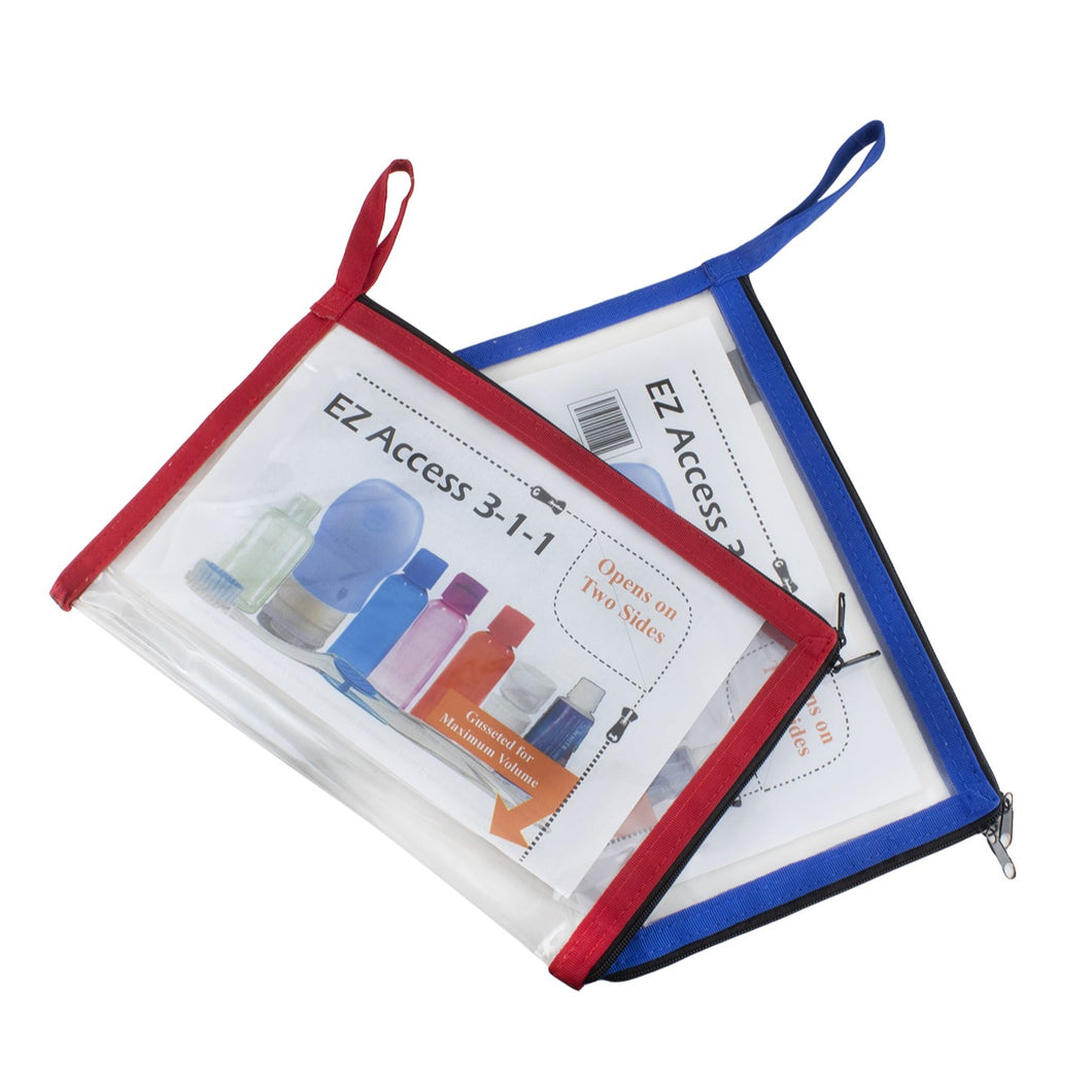 The red a blue zipper bags overlapped on a white background. 