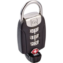 Load image into Gallery viewer, Angled front view of the black three digit combination lock with the bottom setting piece turned.
