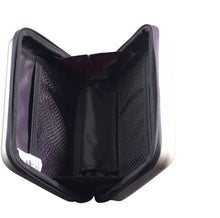 Load image into Gallery viewer, Angled interior view of the champagne case. It has black fabric lining, and two organization pockets.

