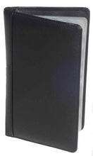 Load image into Gallery viewer, Angled front view of the black leather business card book organizer.
