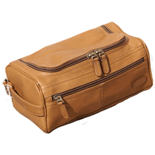 Load image into Gallery viewer, Angled front view of the tan leather shaving kit bag.
