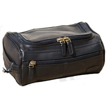 Load image into Gallery viewer, Angled front view of the brown leather shaving kit bag.
