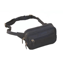 Load image into Gallery viewer, Angled view of the black leather waist pack. The hip strap is extended back.
