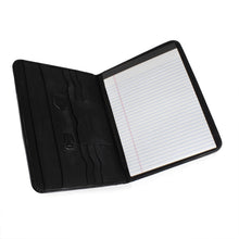 Load image into Gallery viewer, Angled interior view of the black leather letter pad with a notepad inside. It features credit card and document compartments in the interior panel.
