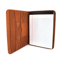 Load image into Gallery viewer, The tan leather letter pad opened and holding a notepad.
