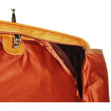 Load image into Gallery viewer, Interior close up to the corner of the tan leather garment bag. 
