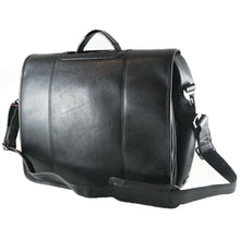 Load image into Gallery viewer, Angled front view of the black briefcase with the adjustable shoulder strap attached.
