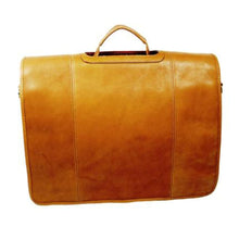 Load image into Gallery viewer, Front panel view of the tan leather briefcase without the shoulder strap.
