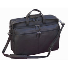 Load image into Gallery viewer, Angled front view of the brown leather briefcase. The shoulder strap is attached and resting at the front.

