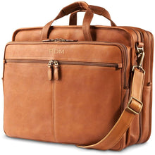 Load image into Gallery viewer, Angled front view of the tan leather briefcase. 
