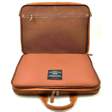 Load image into Gallery viewer, The briefcase's laptop Express Scan compartment unzipped and lifted.
