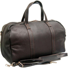 Load image into Gallery viewer, Angled front view of the brown leather duffle bag. The shoulder strap is removed and folded at the front.
