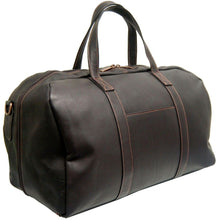 Load image into Gallery viewer, Angled front view of the brown leather duffle bag. The grip handles are pulled up. 
