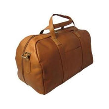 Load image into Gallery viewer, Angled view of the tan leather duffle bag.
