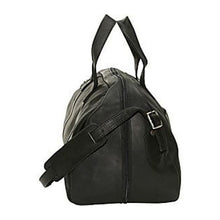 Load image into Gallery viewer, Side view of the black leather duffle bag. 
