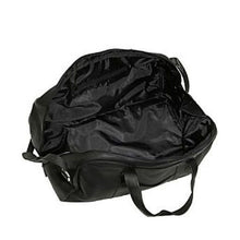 Load image into Gallery viewer, Interior view of the black leather duffle bag. 
