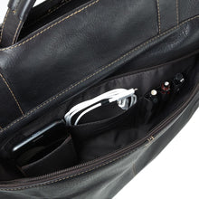 Load image into Gallery viewer, Angled close up to the unzipped front pocket. A cellphone, USB cable, and three pens are stored in the dedicated pockets. 

