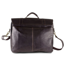 Load image into Gallery viewer, Back view of the brown leather messenger bag. 

