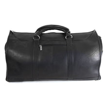 Load image into Gallery viewer, Front view of the black leather garment duffle bag. The shoulder strap is removed. 
