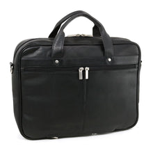 Load image into Gallery viewer, Back view of the black leather briefcase. The zippers for the attachment strap are closed.
