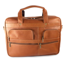 Load image into Gallery viewer, Front view of the tan leather briefcase with the shoulder strap remove. 
