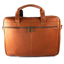 Load image into Gallery viewer, Back view of the tan leather briefcase. The two zippers for the handle attachment strap are closed. 
