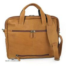 Load image into Gallery viewer, Back panel view of the tan leather brief. It features a zipper-closing attachment strap to hold it on to the telescopic handle of a briefcase. 
