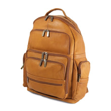 Load image into Gallery viewer, Angled front view of the tan leather backpack with multiple zipper-closing pockets. 
