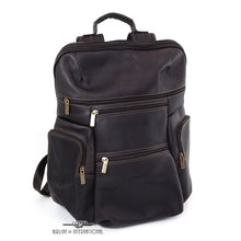 Load image into Gallery viewer, Angled front view of the brown leather backpack with multiple zipper closing pockets. 
