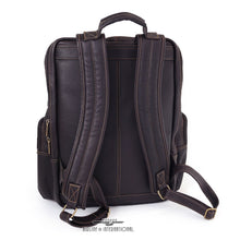 Load image into Gallery viewer, Back panel view of the brown leather laptop backpack. 
