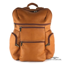 Load image into Gallery viewer, Front panel view of the tan leather backpack with multiple zipper-closing pockets. 
