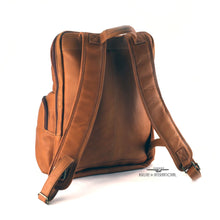 Load image into Gallery viewer, Angled back panel view of the tan leather backpack .
