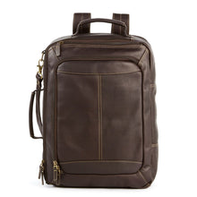 Load image into Gallery viewer, Front panel view of the brown leather backpack with multiple pockets.
