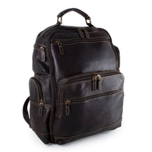 Load image into Gallery viewer, Angled front view of the brown leather backpack. 
