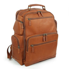 Load image into Gallery viewer, Angled front view of the tan leather backpack with multiple zipper-closing pockets on a white background. 
