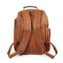 Load image into Gallery viewer, Back panel view of the tan leather backpack. 
